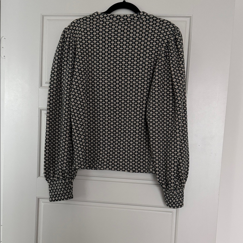 Anthropologie Green and Cream Geometric Puff-Sleeve Sweater - Picture 6 of 6